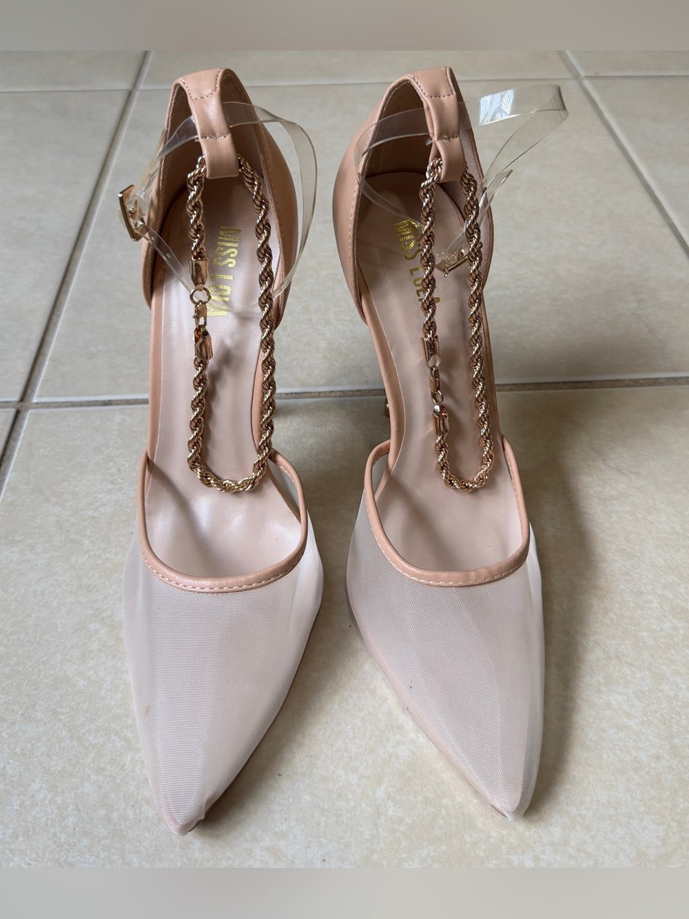 Miss Lola Nude Mesh Pointed Toe Pumps Gold Chain Ankle Strap Heels Size 10